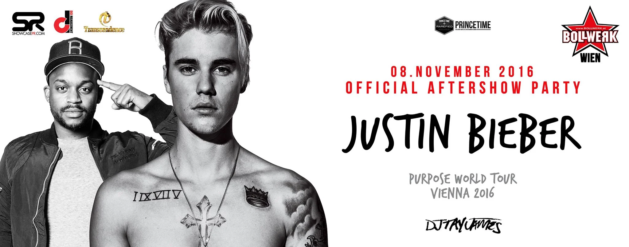 Historischer Flyer der offiziellen Purpose World Tour Aftershow Party in Wien
