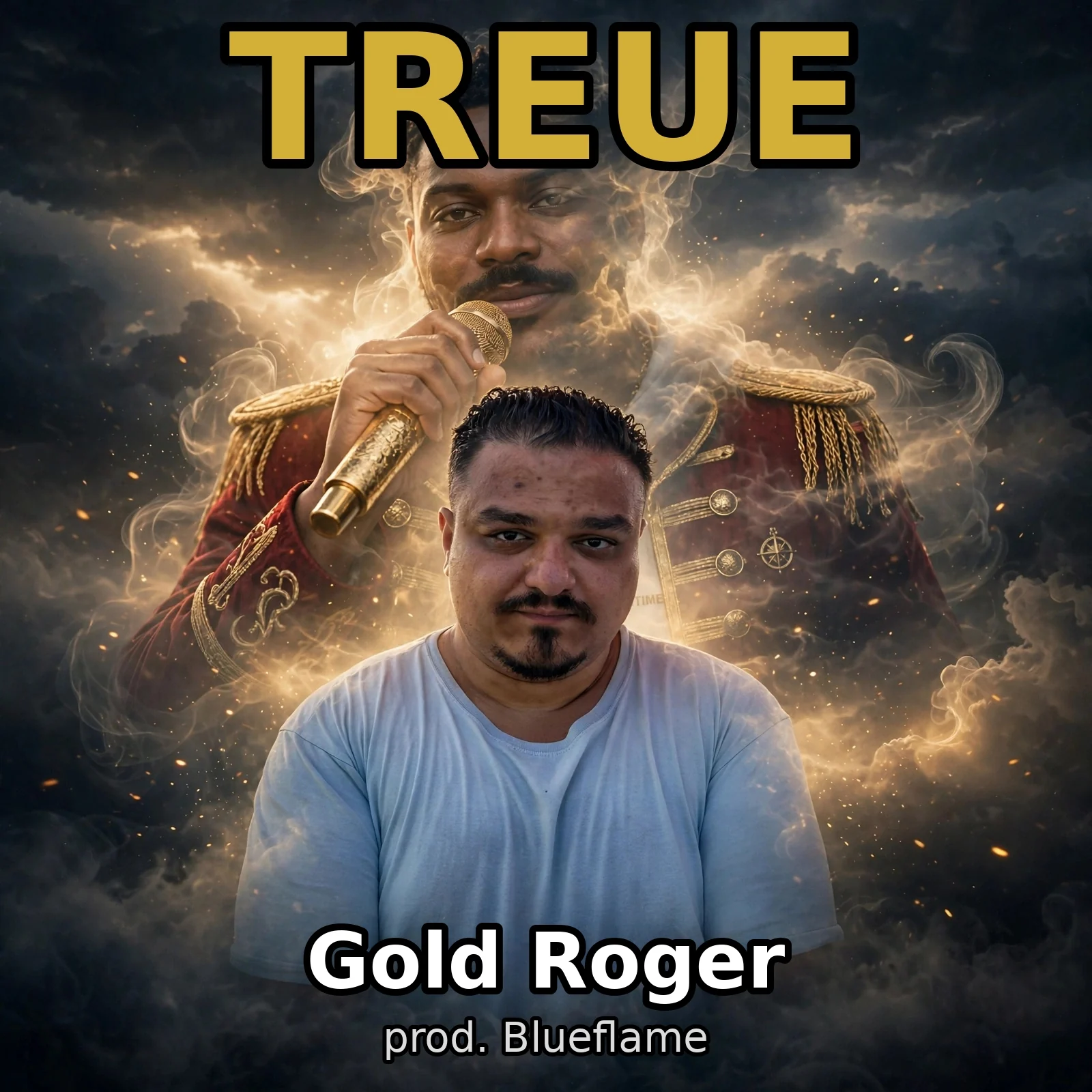 Cover von Treue: Gold Roger, produziert von Blueflame. Porträt vor dunklen Gewitterwolken, dahinter eine goldene Rauchgestalt in Uniform mit goldenem Mikrofon.