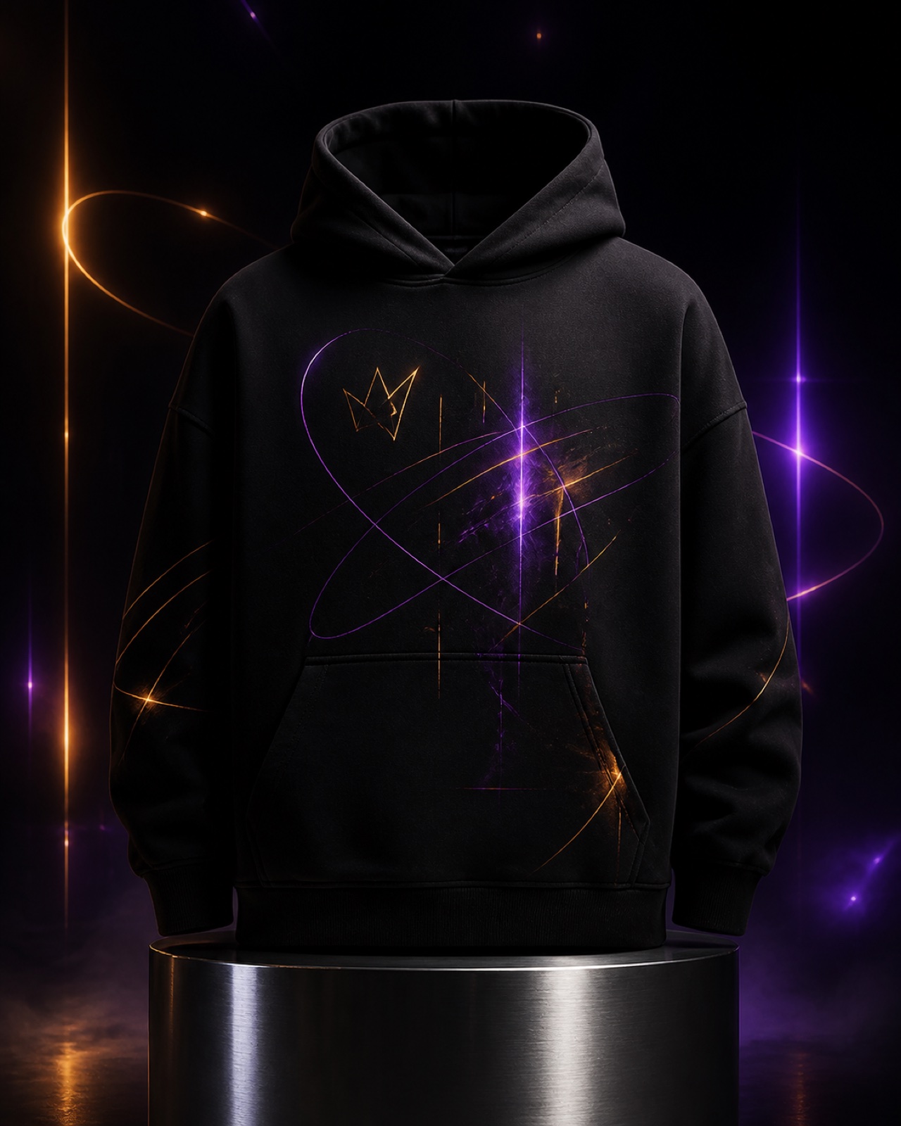Vienna Nightlines Hoodie, schwarz mit Orbit-Grafik in Amber und Violet